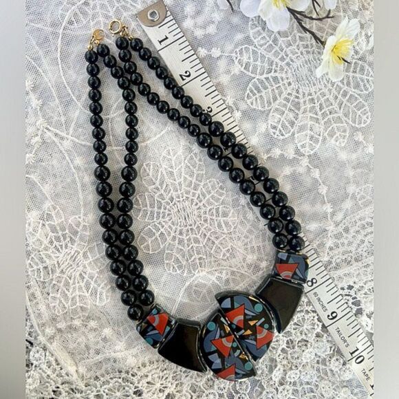 Vintage 80’s Japanese Black Lacquer Geometric Design Necklace - Picture 9 of 9